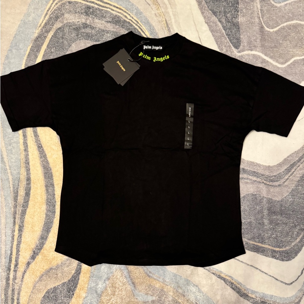 Palm Angels Green Neck Logo Black Tee Mens Size Large